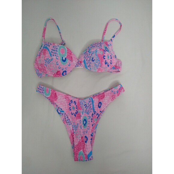 VOLAFA 2-piece padded bikini swimsuit size S Pink Textured Colorful Bright Cute - Picture 1 of 8